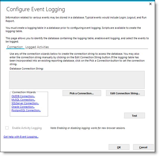 Page 73 The Configure Event Logging dialog box will be displayed: Once the AdHocLog table has been created, a connection to the logging database must be created.