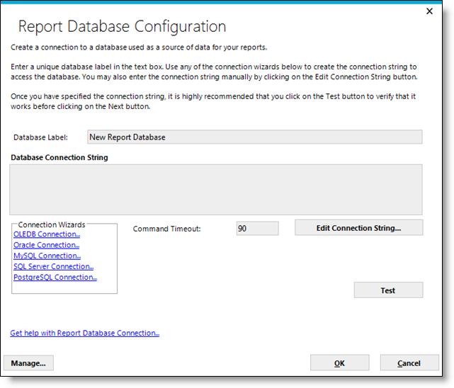 Page 83 Clicking either Add or Edit will display the Report Database Configuration dialog box: With this dialog box and the related, subordinate dialog boxes, the goal is to provide a friendly name