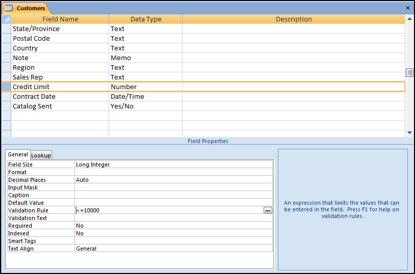 Chapter 3 Modifying the Field Properties Creating a validation rule with validation text 1. If necessary, open the Customers table in Design view. 2.