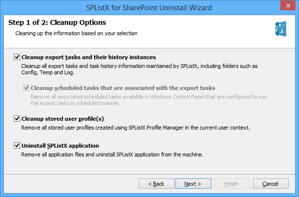 Select required Cleanup Options as shown below: While uninstalling the application, your options are: Cleanup export tasks and their history instances This will remove entire export history i.e. the tasks you created while exporting content from SharePoint to the external destination.