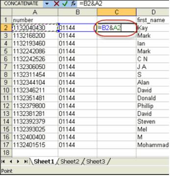 b In the second row, enter this formula: =B2&A2 c The new cell now contains 011 + country code + phone number.