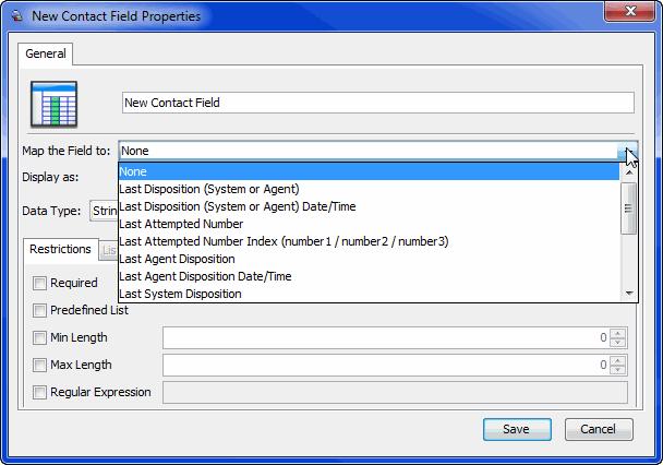 Contacts Managing Contact Fields Mapped fields can be used to store information about the last system and agent dispositions, the last attempted phone number, last campaign, last list, dialer, and