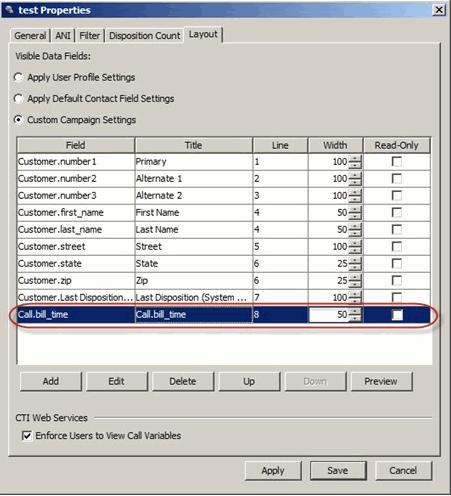 8 Define the following options for the selected field: Title - Field name displayed in interface. Width - width of the field.