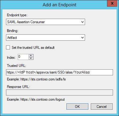 with the same information, except for Binding: Endpoint type Binding SAML