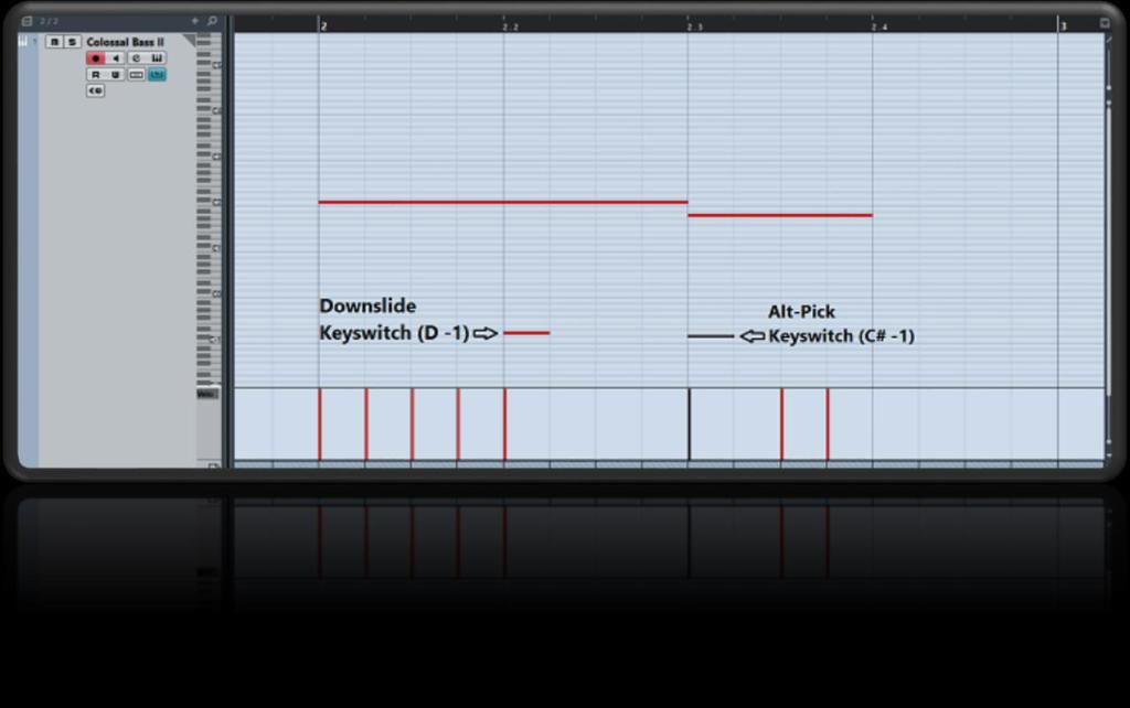 Features 1.1.4 Keyswitches Colossal Bass II uses MIDI keyswitches to determine the playback mode.
