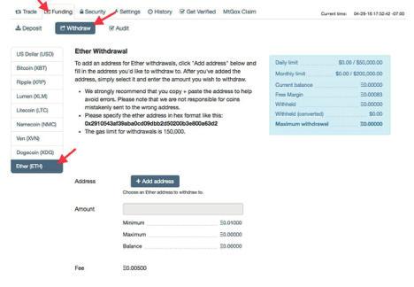 Transfering Ether from Kraken to your wallet 1. Log in to your Kraken account. 2. Click on the Funding Tab and then Withdraw and then at the bottom, Ether (ETH) 1. Click the + Add address button. 2. Add a description and your ether address.