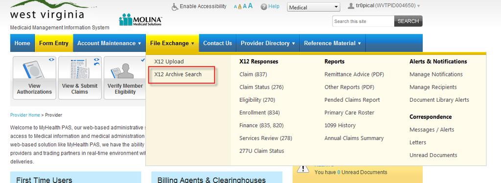 3.3 Archive Search The Archive Search provides a method to search for, display, and retrieve responses to inbound X12 transactions, reports, and outbound only X12 files such as 835s directly from the