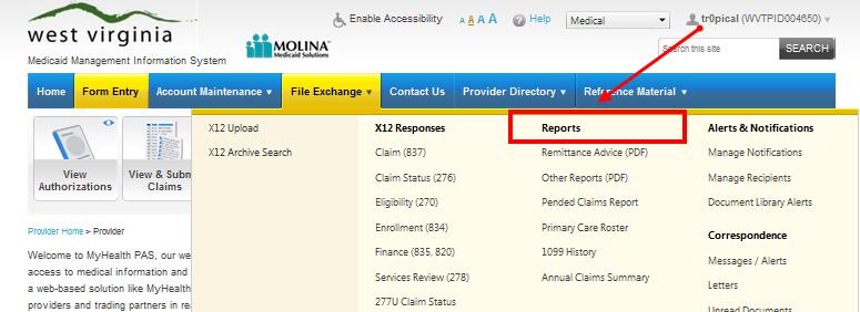 3. File Exchange WV MMIS This section of the Molina Web Portal provides information on the electronic exchange.