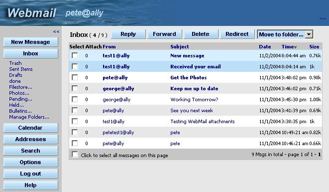 Check Your Mail This is the main mail screen with the INBOX open. The navigation bar down the left is described below. Some of these features will not be available on all WebMail systems.
