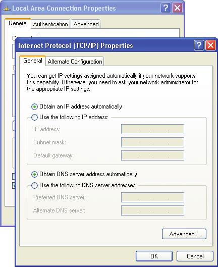 3) Highlight Internet Protocol (TCP/IP) and click on Properties. Make sure that Obtain an IP address automatically and Obtain DNS server address automatically are selected.