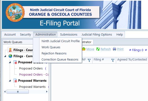 1. Judicial Circuit Profile 2. Work Queues 3. Rejection Reasons 4. Correction Queue Reasons Judicial Circuit Profile Under the Judicial Circuit Profile, there are five tabs: 1. Profile 2. Administrators 3.