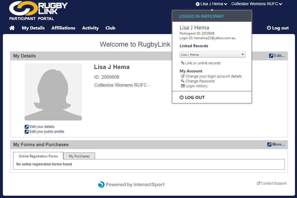 Existing Participants Changing Email Login ID Navigation in Rugby Link: https://rugbylinkportal.resultsvault.
