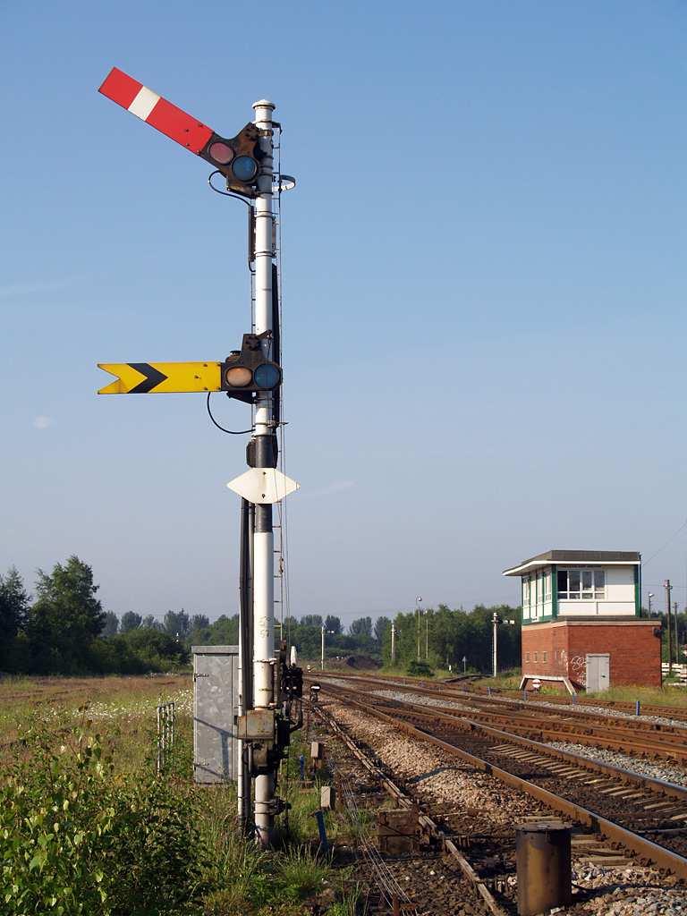 2.4 Interprocess communication 13 The upper red semaphore is raised (safe to pass) and the yellow (distant) semaphore is at danger.