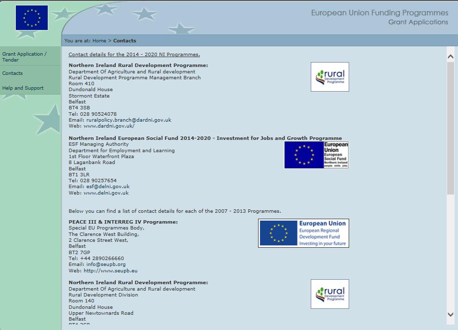 3. Scheme Contacts Screen This screen provides contact information for the various EU Schemes which can be applied for via this EU Grants website.