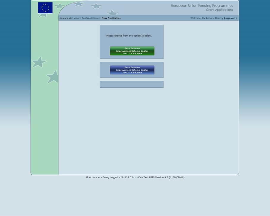 10. New Application Screen The new application screen allows you to select the specific EU Funding Scheme that you want to apply to.