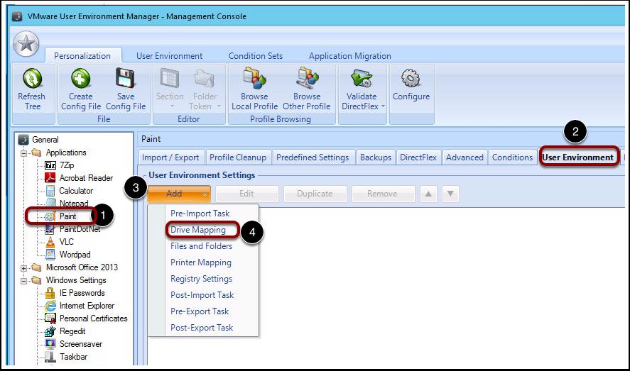 UEM - Add Drive Mapping 1. Make sure you are clicked on Paint under General/Applications. 2.