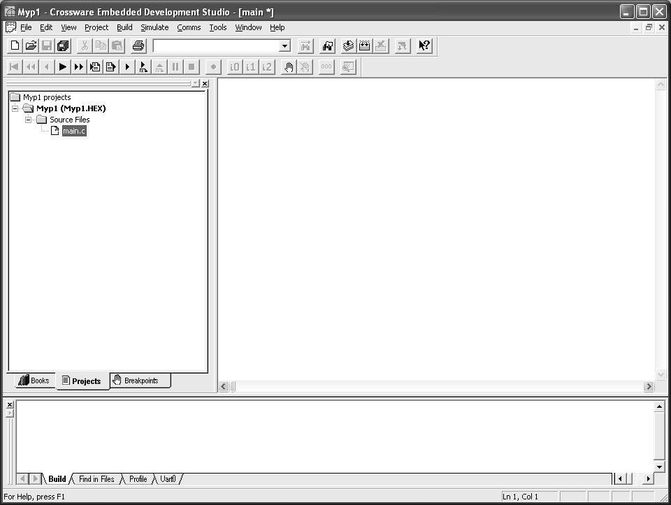 9. After creation of project IDE will look as follows Project / workspace window Editor window Output Window Fig 22 Crossware IDE 10.Write the embedded c program in the main.