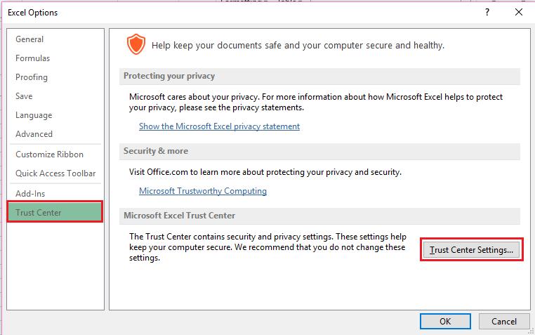 Method B Enable Macros and External Data settings Excel macros and External Data Connections can be enabled to always allow or allow with prompts by manually setting the Excel Trust