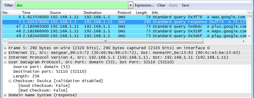 Lab - Using Wireshark to Examine a UDP DNS Capture a. In this example, frame 5 is the corresponding DNS response packet. Notice the number of bytes on the wire is 290 bytes.