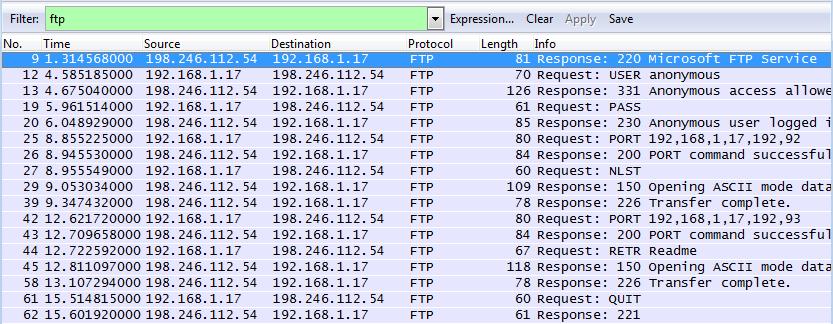 Lab - Using Wireshark to Examine FTP and TFTP Captures When the FTP session has finished, the FTP client sends a command to quit.