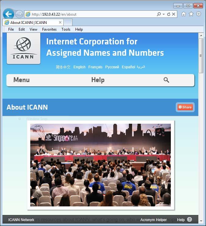 Lab - Observing DNS Resolution d. Type IP address from step c into a web browser, instead of the URL. Notice that the ICANN home web page is displayed.