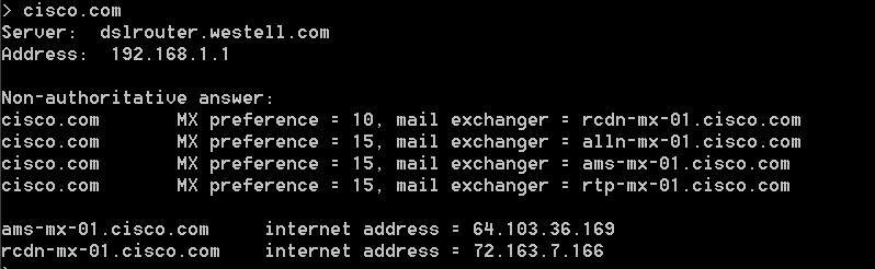 Lab - Observing DNS Resolution Part 3: Observe DNS Lookup Using the Nslookup Command on Mail Servers a. At the prompt, type set type=mx to use nslookup to identify mail servers. b.