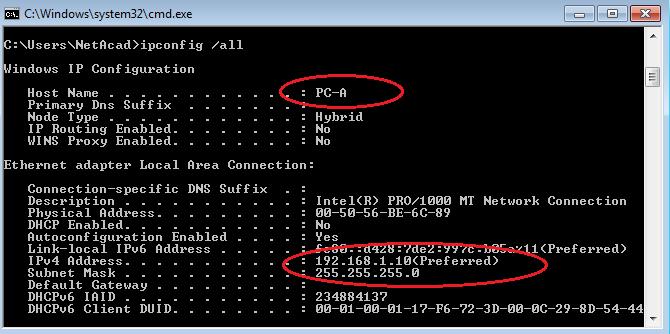 Lab - Building a Simple Network b. The cmd.exe window is where you can enter commands directly to the PC and view the results of those commands.