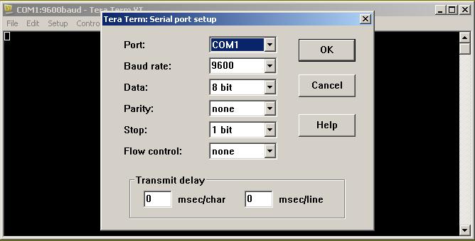 The default parameters for the console port are 9600 baud, 8 data bits, no parity, 1 stop bit, and no flow control.