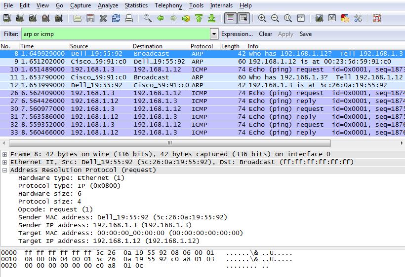 Lab Observing ARP with the Windows CLI, IOS CLI and Wireshark Note: If all the pings were successful, S1 should be reloaded to observe network latency with ARP. C:\Users\User1> ping 192.168.1.12 Request timed out.