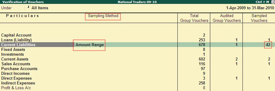 The Sampling Method Amount Range window is displayed./ Figure 136. Amount Range Sampling Type/Select the values as displayed above.