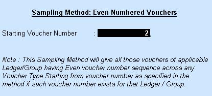 The Sampling Method Amount Range window is displayed. Figure 141. Even Number Sampling Type the value as displayed above. Press Enter to return to the Verification of Vouchers screen.