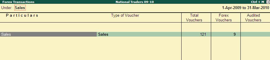 Name of Group Window Select Sales under Voucher Types window and press Enter to display the forex transactions under this voucher type.