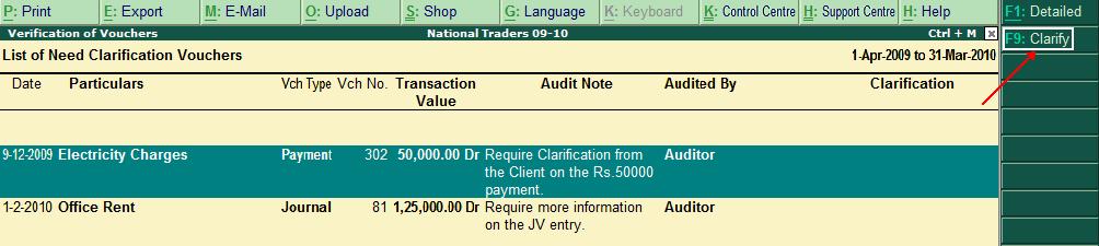 Need Clarification- The details of vouchers/transactions that require clarifications are displayed. 5. Select any exception type (e.g.