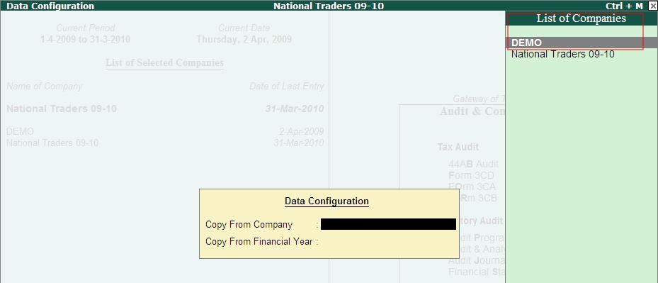 The Data Configuration window in the Data Configuration screen after selection of the financial year is displayed. Figure 13.