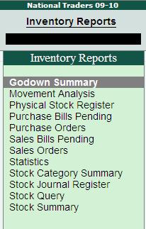 F9: Inv Reports-Click F9: Inv Reports button menu or click F9 key to generate inventory reports from the default Tally.ERP 9 product (default Tally.ERP9 feature).