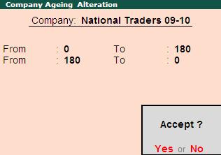 Figure 92. Ageing Analysis Window 4. Select the required value (e.g. Ageing by Bill Date) and press Enter The Company Ageing Alteration window is displayed. Figure 93.
