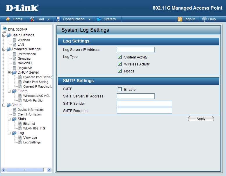 Using the Coniguration Menu Home > Status > Log > Log Settings Log Settings Log Server / IP Address: Enter the IP address of the server you would like to send the DWL-300APs log to.