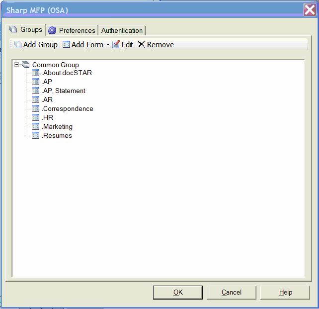 Each form may be edited by selecting it and clicking the Edit command. Properties of each form are set on three tabs.
