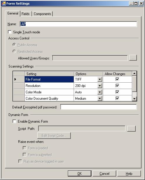 General Tab Single Touch mode should not be set for forms, which collect user input. Access control may be enabled if desired. Default scanning settings may be set as you wish.