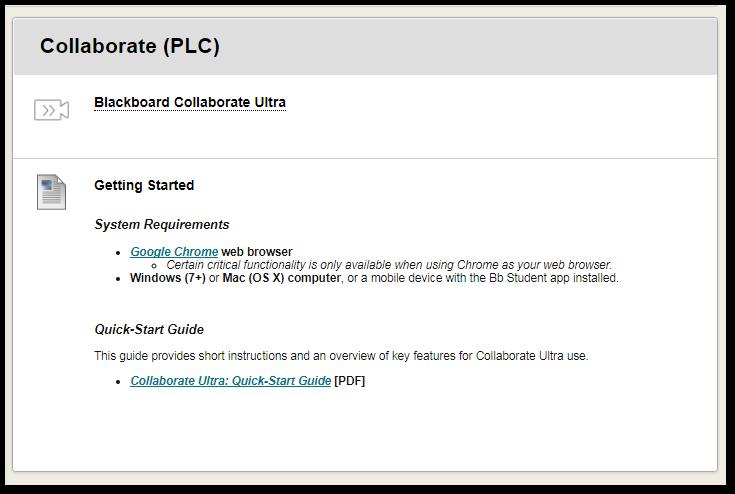 Getting Started: Access Collaborate There are two types of rooms available in Collaborate Ultra: The always-open, default course room and individual sessions that you can create and manage.