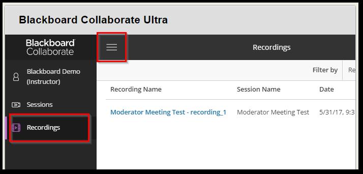 Expand the Session Menu pane by clicking the hamburger stack button in the upper-left corner of the Collaborate interface. 2.