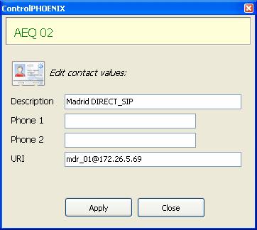 You can edit all the fields of a contact: name, two ISDN numbers and an URI (or IP address). Allows you to delete one or several selected contacts.