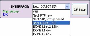 By clicking on the drop-down INTERFACE menu, the following interfaces will be available for selection: V35 and Net1 (Net2 (for CH2), by default, and ISDN (optional).