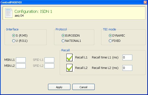 6.1.4.4. ISDN (ISDN1/ISDN2) communications interface configuration (Phoenix Studio only).