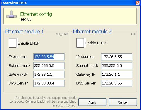 The parameters to be configured for each interface are: - Enable DHCP : enables the activation or deactivation of the automatic configuration of IP addresses, masks and gateways.