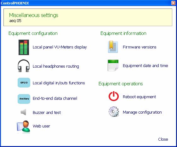 Miscellaneous window. Allows the user to configure certain normally permanent details in the equipment. 6.4.1.