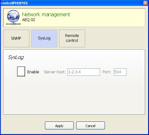 The SysLog tab within Network management allows us to enable the emission of SysLog traces as well as to define the IP of the machine where the client is installed into, and the port it is listening