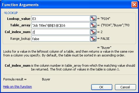 Next to Table_array, designate the job code-job title table in the second spreadsheet, excluding the headings.