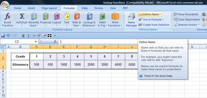 In Excel 2007, the first method is as follows: As per the screen shot below, select the range, then click Formulas, Define Name.