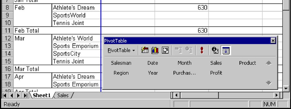 Select a cell in the PivotTable report to activate it and display the PivotTable toolbar. 2. Drag the desired field button from the PivotTable toolbar to the desired area of the diagram.